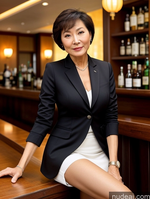 ai nude image of woman sitting on a bar with a lot of bottles behind her pics of Milf Two Short Hair Chinese Stylish Bar 70s Casual Perfect Boobs Perfect Body Professor Suit