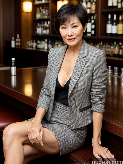 ai nude image of arafed woman sitting on a bar with a lot of bottles behind her pics of Milf Two Short Hair Chinese Stylish Bar 70s Casual Perfect Boobs Perfect Body Professor Suit