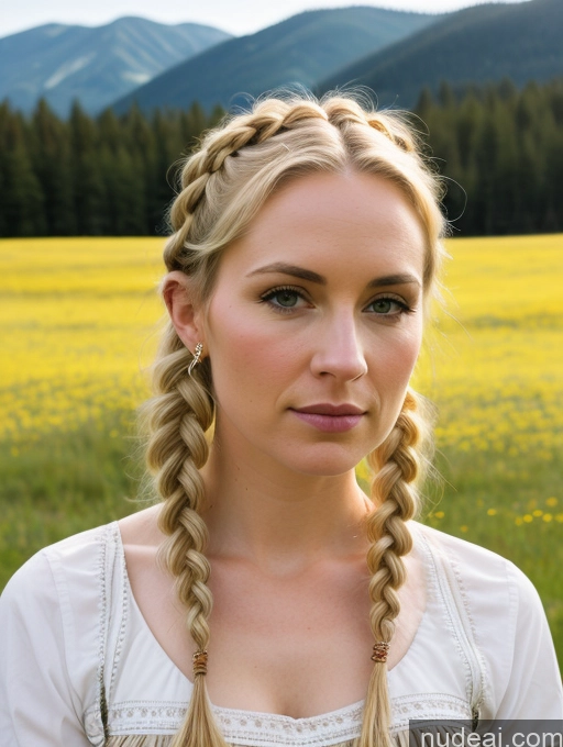 ai nude image of blond woman with braids in a field of yellow flowers pics of Crisp Anime Front View Sad Detailed Serious Blonde Fairer Skin 30s Woman Perfect Boobs Beautiful Braided German Meadow Traditional