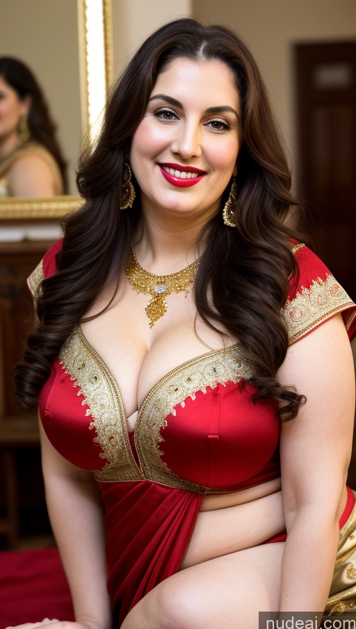 ai nude image of araffe woman in red and gold dress posing for a picture pics of Milf Busty Beautiful Lipstick Thick Chubby Big Hips Fat Fairer Skin 20s Happy Seductive Brunette Long Hair Russian Party Front View Straddling Sari Blouse Dirndl Victorian Cleavage Gold Jewelry