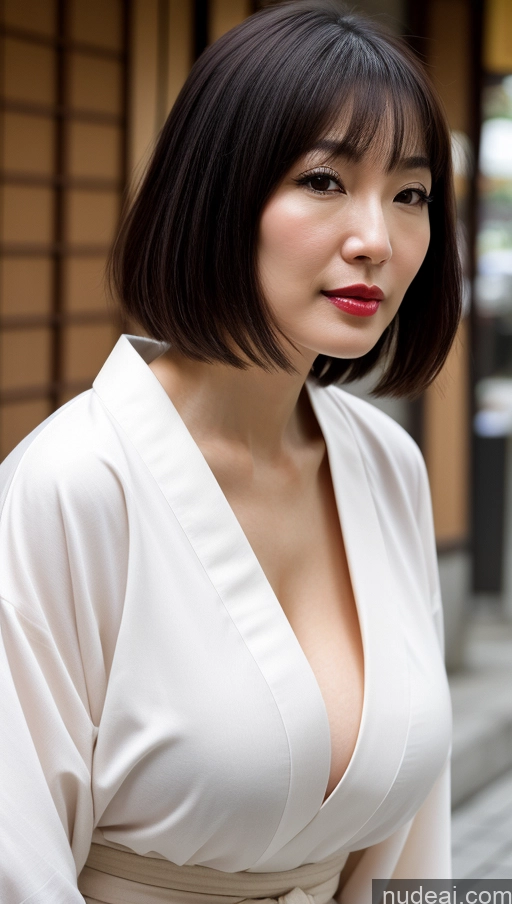 ai nude image of arafed asian woman in white dress posing for a picture pics of One Huge Boobs Beautiful Lipstick Fairer Skin Close-up View Japanese Bobcut Woman Black Hair 40s Kimono Casual