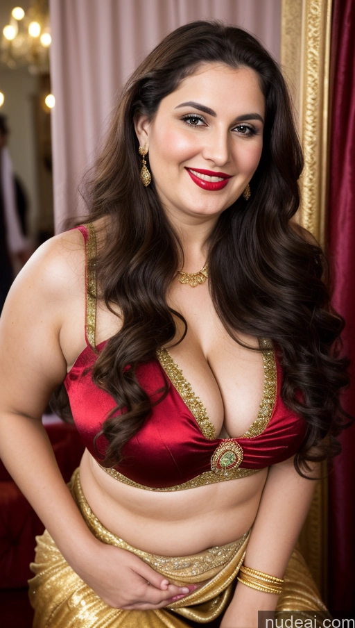 ai nude image of araffe woman in a red and gold outfit posing for a picture pics of Milf Busty Beautiful Lipstick Thick Chubby Big Hips Fat Fairer Skin 20s Happy Seductive Brunette Long Hair Russian Party Front View Straddling Sari Blouse Dirndl Victorian Cleavage Gold Jewelry