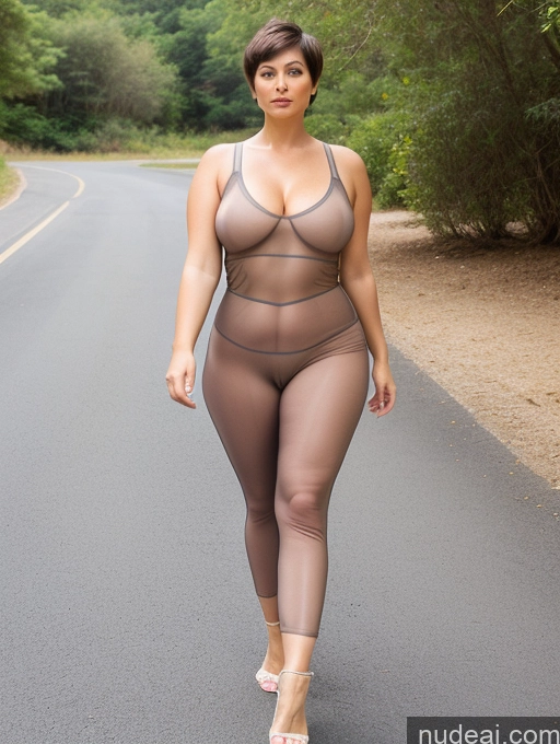 ai nude image of araffe woman in a sheer bodysuit walking down a road pics of Woman Two Busty Chubby 50s Short Hair Jumpsuit Yoga Pants Transparent Brunette French