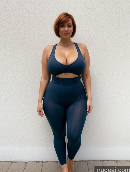 ai nude image of arafed woman in a blue sports bra top and leggings pics of Woman Busty Chubby Short Hair Jumpsuit Yoga Pants Transparent French 40s Several Ginger