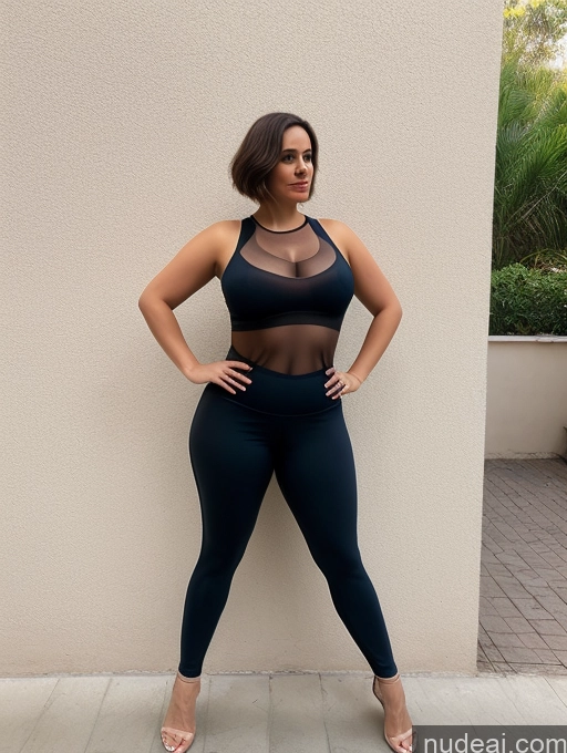 ai nude image of araffe woman in a black sports bra top and leggings posing for a picture pics of Woman Busty Chubby Jumpsuit Yoga Pants Transparent French 40s Several Fat Brunette Bobcut