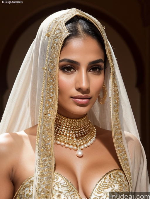 ai nude image of a close up of a woman wearing a gold and white outfit pics of Miss Universe Model Busty Beautiful Short Pubic Hair Tanned Skin 18 Serious Black Hair Long Hair Arabic Lake Niqab Gold Jewelry Pearl Jewelry Detailed Skin Detail (beta)