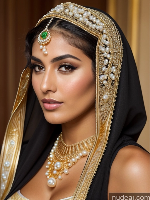 ai nude image of a close up of a woman wearing a black veil and gold jewelry pics of Miss Universe Model Busty Beautiful Short Pubic Hair Tanned Skin 18 Serious Black Hair Long Hair Arabic Lake Niqab Gold Jewelry Pearl Jewelry Detailed