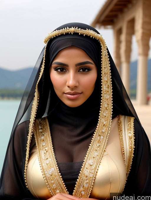 ai nude image of araffe wearing a black and gold outfit standing by a body of water pics of Miss Universe Model Busty Beautiful Short Pubic Hair Tanned Skin 18 Serious Black Hair Long Hair Arabic Lake Niqab Gold Jewelry Pearl Jewelry Detailed