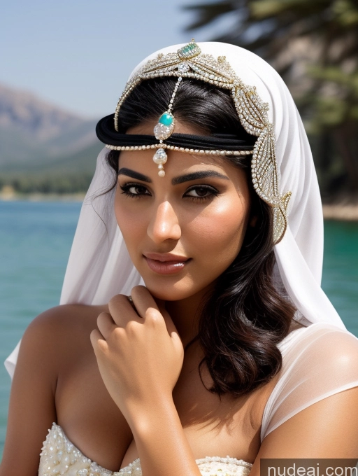 ai nude image of arafed woman in a white veil and headpiece posing for a picture pics of Miss Universe Model Busty Beautiful Short Pubic Hair Tanned Skin 18 Serious Black Hair Long Hair Arabic Lake Niqab Pearl Jewelry Detailed