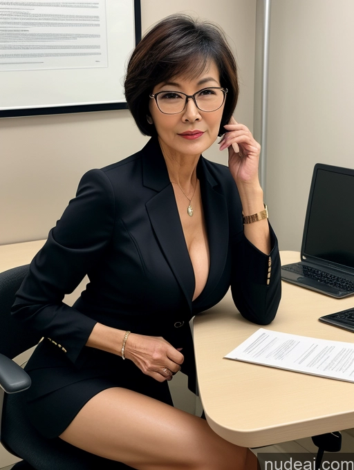 ai nude image of woman in black suit sitting at a desk with a laptop and cell phone pics of Milf Perfect Boobs Perfect Body Glasses Beautiful 70s Sexy Face Short Hair Chinese Office Blouse Casual Stylish Professor Suit Cleavage Dark Lighting Detailed