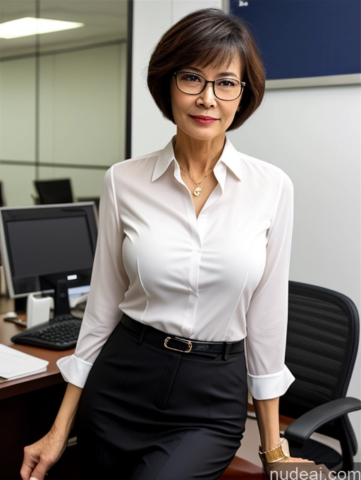 ai nude image of woman in white shirt and black skirt sitting at desk with computer pics of Milf Perfect Boobs Perfect Body Glasses Beautiful 70s Sexy Face Short Hair Chinese Office Blouse Casual Stylish Professor Suit Cleavage Dark Lighting Detailed