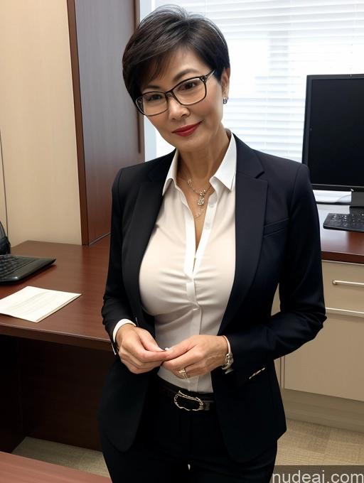 ai nude image of there is a woman in a business suit standing in front of a computer pics of Milf Perfect Boobs Perfect Body Glasses Beautiful Sexy Face Short Hair Chinese Office Blouse Casual Stylish Professor Suit Cleavage Dark Lighting Detailed 60s