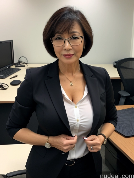 ai nude image of woman in black blazer and white shirt standing in front of a desk pics of Milf Perfect Boobs Perfect Body Glasses Beautiful Sexy Face Short Hair Chinese Office Blouse Casual Stylish Professor Suit Cleavage Dark Lighting Detailed 60s