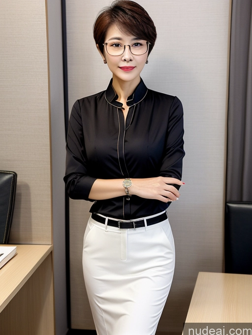 ai nude image of arafed woman in a black shirt and white skirt standing in an office pics of Milf Perfect Boobs Perfect Body Glasses Beautiful Sexy Face Short Hair Chinese Office Blouse Casual Stylish Professor Suit Cleavage Dark Lighting Detailed 60s