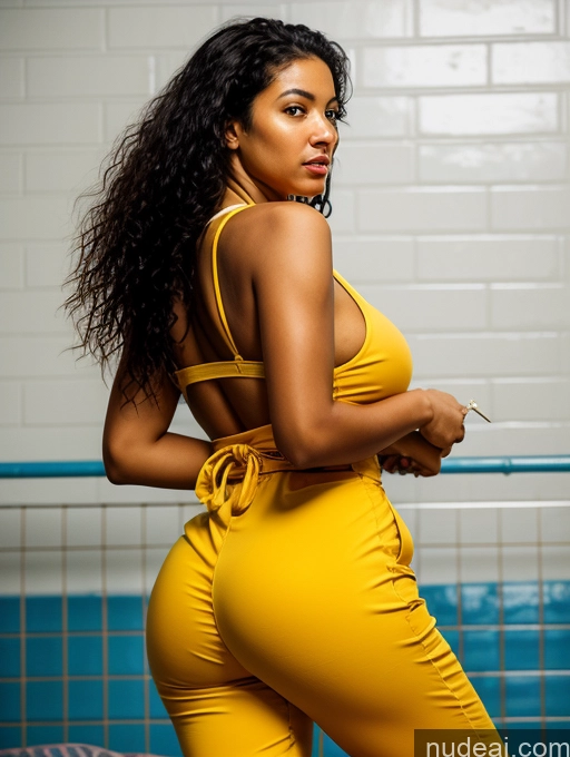 ai nude image of there is a woman in a yellow dress posing for a picture pics of Woman One Huge Boobs Big Ass Skinny Big Hips Brazilian Black Hair 18 Messy Prison Eating Jumpsuit Cleavage Bright Lighting Front View