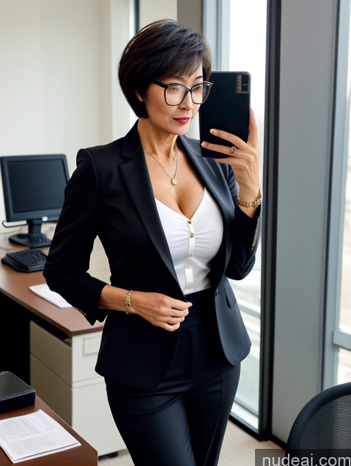 ai nude image of woman in black suit taking a selfie in an office pics of Milf Perfect Boobs Perfect Body Glasses Beautiful Sexy Face Short Hair Chinese Office Blouse Casual Stylish Professor Suit Cleavage Dark Lighting Detailed 60s