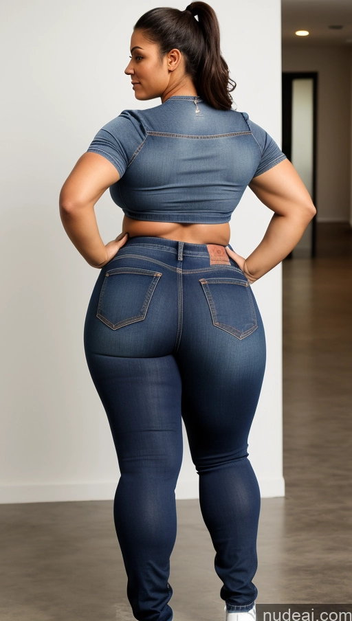 ai nude image of araffe woman in a blue top and jeans posing for a picture pics of Athlete Big Ass Big Hips Jeans