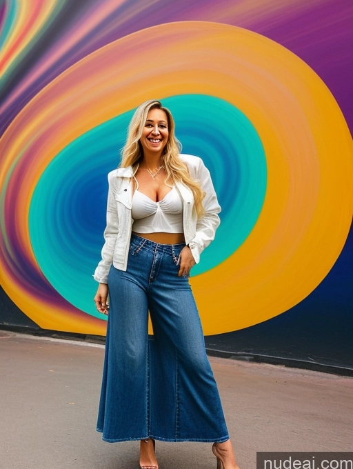 ai nude image of arafed woman in white jacket and jeans standing in front of a colorful wall pics of Blonde Big Hips Brazilian Surrealist Dark Lighting Transparent Laughing Happy Two Front View Woman Perfect Boobs Perfect Body 20s Ponytail Club Eating 90s Blouse Chemise Jeans Jacket Long Skirt Harem Pants