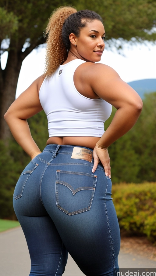 ai nude image of araffe woman in a white top and jeans posing for a picture pics of Athlete Big Ass Big Hips Jeans