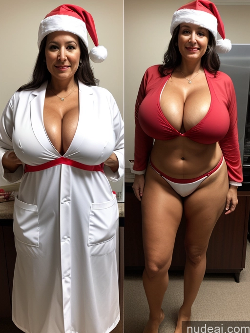 ai nude image of there are two pictures of a woman in santa hats and a woman in a white robe pics of Milf One Busty Huge Boobs Tanned Skin 60s Native American Front View Lab Coat Microkini Professor Thong Santa