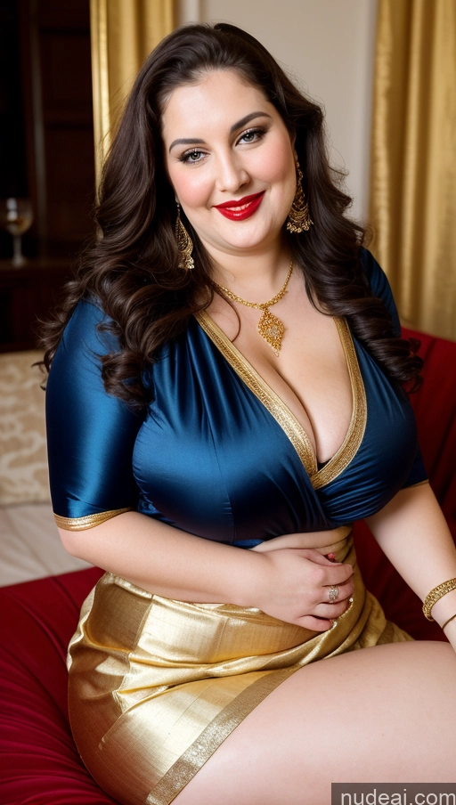 ai nude image of araffe woman in a blue and gold dress sitting on a red couch pics of Milf Busty Beautiful Lipstick Thick Chubby Big Hips Fat Fairer Skin 20s Happy Seductive Brunette Long Hair Russian Party Front View Straddling Sari Blouse Dirndl Victorian Cleavage Gold Jewelry