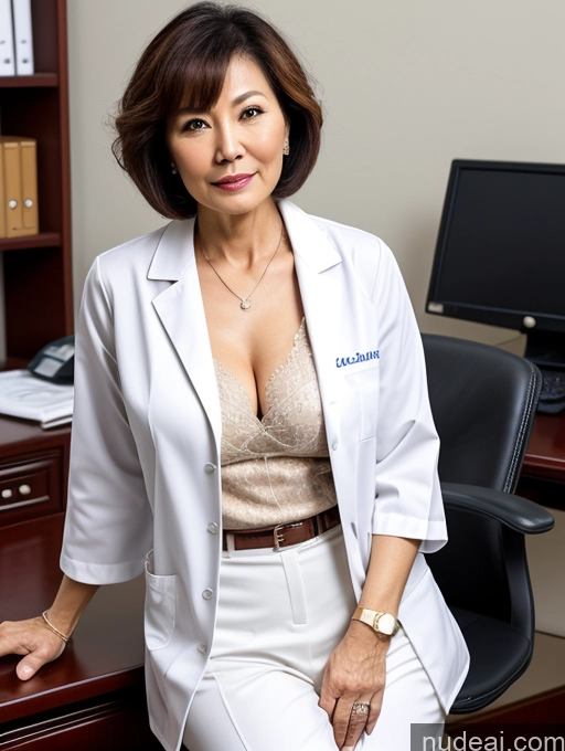 ai nude image of arafed woman in white lab coat sitting at desk with computer pics of Milf Two Perfect Boobs Perfect Body Pubic Hair Short Hair 70s Chinese Office Doctor Lab Coat Cleavage Dark Lighting Sexy Face Detailed