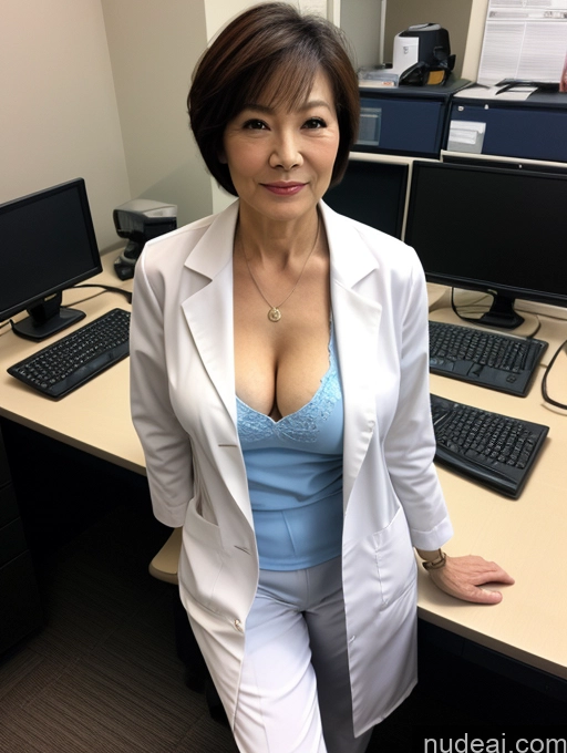 ai nude image of woman in white lab coat standing in front of a desk with computer monitors pics of Milf Two Perfect Boobs Perfect Body Pubic Hair Short Hair 70s Chinese Office Doctor Lab Coat Cleavage Dark Lighting Sexy Face Detailed