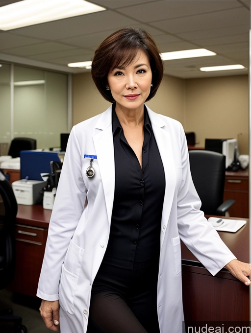 ai nude image of arafed woman in a lab coat standing in an office pics of Milf Two Perfect Boobs Perfect Body Pubic Hair Short Hair 70s Chinese Office Doctor Lab Coat Cleavage Dark Lighting Sexy Face Detailed