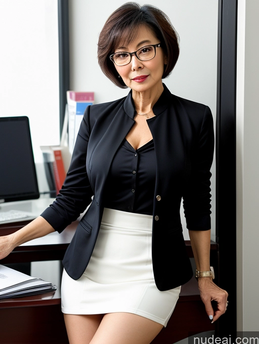 ai nude image of there is a woman in a black jacket and white skirt posing for a picture pics of Milf Perfect Boobs Beautiful Glasses Perfect Body Short Hair Chinese Office Blouse Casual Professor Stylish Suit Cleavage Dark Lighting Detailed Sexy Face Alternative 70s