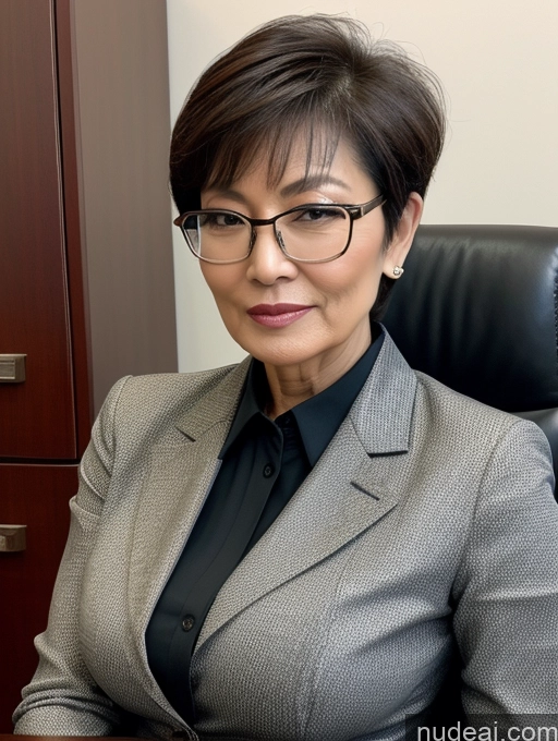 ai nude image of there is a woman sitting at a desk with a laptop pics of Milf Perfect Boobs Beautiful Glasses Perfect Body Short Hair 60s Chinese Office Blouse Casual Professor Stylish Suit Cleavage Dark Lighting Detailed Sexy Face