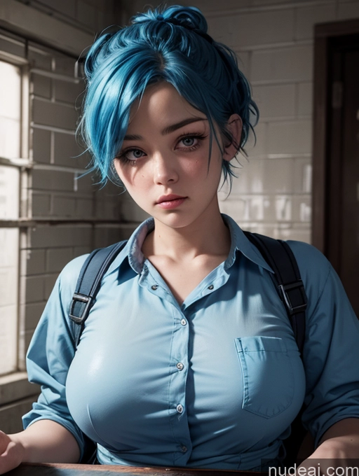 ai nude image of there is a woman with blue hair and a backpack looking at a cell phone pics of 18 Prison Sad Jumpsuit Pixie Blue Hair Fat Small Tits