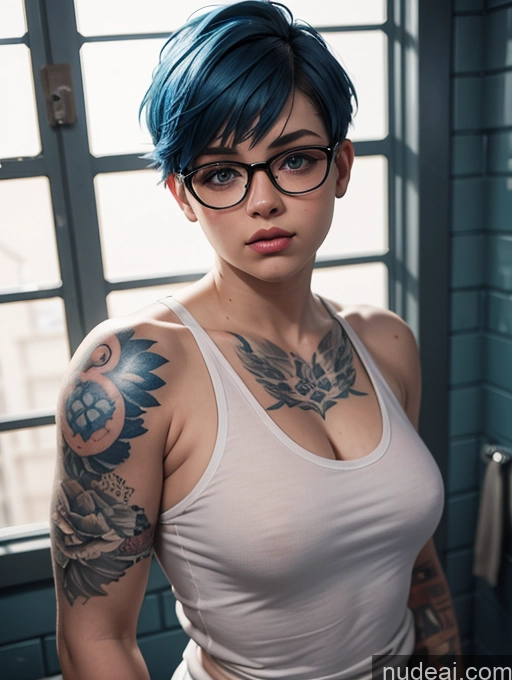 ai nude image of there is a woman with blue hair and glasses posing for a picture pics of 18 Prison Pixie Blue Hair Fat Tank Top Tattoos Glasses