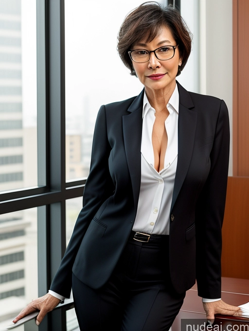 ai nude image of woman in black suit and glasses leaning on a table in front of a window pics of Milf Perfect Boobs Beautiful Glasses Perfect Body Short Hair Chinese Office Blouse Casual Professor Stylish Suit Cleavage Dark Lighting Detailed Sexy Face 70s Partially Nude