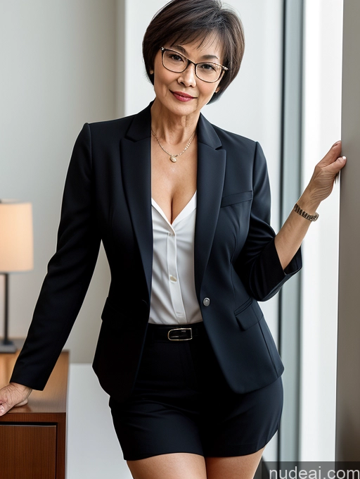 ai nude image of there is a woman in a black suit and glasses posing for a picture pics of Milf Perfect Boobs Beautiful Glasses Perfect Body Short Hair Chinese Office Blouse Casual Professor Stylish Suit Cleavage Dark Lighting Detailed Sexy Face 70s Partially Nude