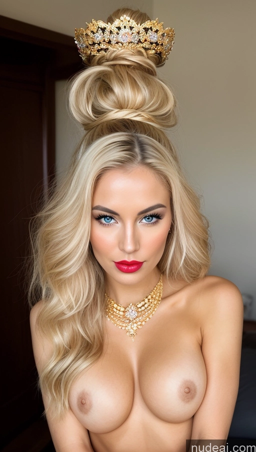 ai nude image of arafed blonde woman with a crown on her head posing naked pics of Perfect Body Pubic Hair Lipstick Scandinavian Long Hair Geisha Long Legs Pouting Lips Blonde Diamond Jewelry Gold Jewelry Pearl Jewelry Perfect Boobs Partially Nude 30s Cleavage