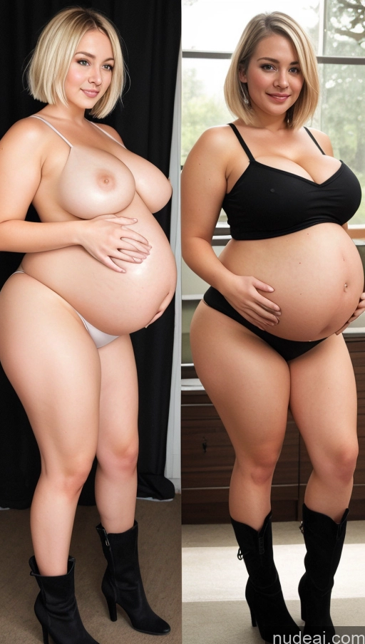 ai nude image of two women in black lingersuits and boots posing for a picture pics of Huge Boobs Thick Chubby Fat Short Big Ass Pregnant 18 Blonde Short Hair Belly Inflation, Cuminflation, Overeating Boots Western