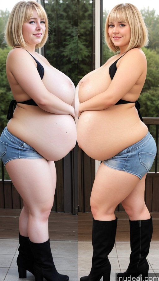 ai nude image of two women in short shorts and high heels posing for a picture pics of Huge Boobs Big Ass Thick Chubby Fat Short Short Hair Pregnant 18 Blonde Boots Western Belly Inflation, Cuminflation, Overeating Big Hips