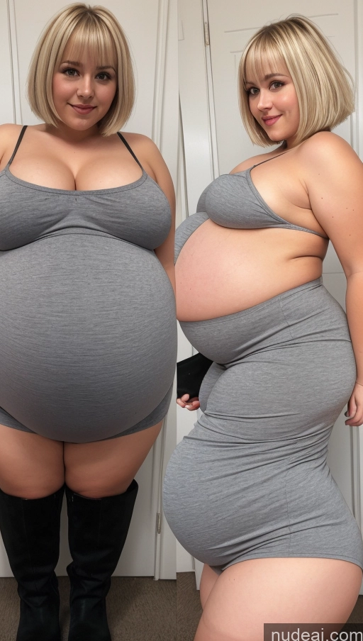 ai nude image of pregnant woman in grey dress and thigh high boots posing for picture pics of Huge Boobs Big Ass Thick Chubby Fat Short Short Hair Pregnant 18 Blonde Boots Western Belly Inflation, Cuminflation, Overeating Big Hips