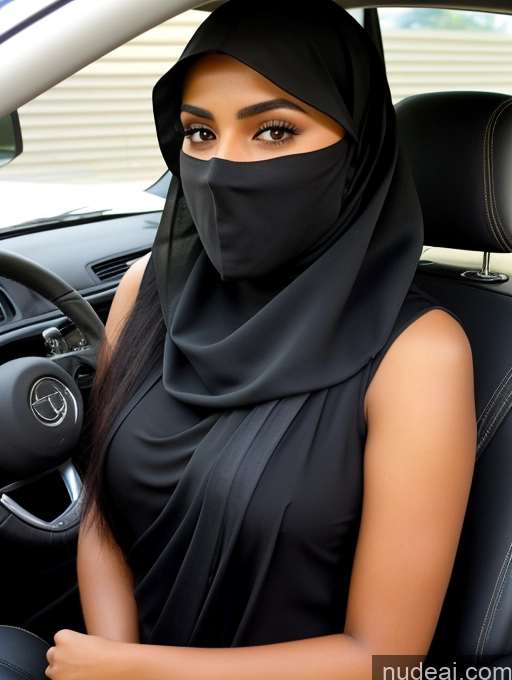 ai nude image of woman in black dress sitting in car with black scarf on head pics of Miss Universe Model One Short Tanned Skin 18 Serious Black Hair Long Hair Arabic Car Niqab Detailed Sari