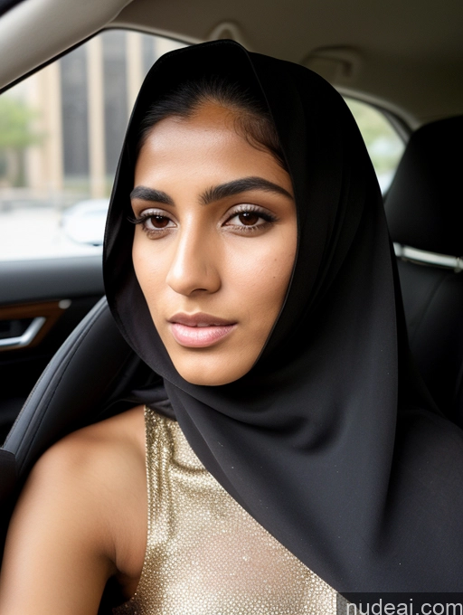 ai nude image of araffe woman in a black and gold dress sitting in a car pics of Miss Universe Model Short Tanned Skin 18 Serious Black Hair Long Hair Arabic Skin Detail (beta) Car Niqab Sari Detailed