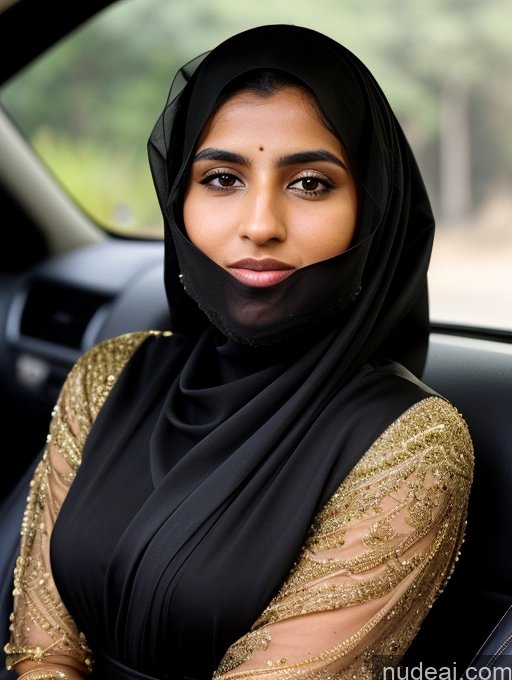 ai nude image of woman in black and gold outfit sitting in car with head scarf pics of Short Tanned Skin 18 Serious Black Hair Long Hair Arabic Skin Detail (beta) Car Niqab Sari Detailed Model