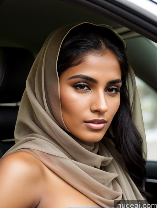 ai nude image of arafed woman in a car wearing a scarf and a scarf over her head pics of Short Tanned Skin 18 Serious Black Hair Long Hair Skin Detail (beta) Car Niqab Sari Detailed Middle Eastern Miss Universe Model Beautiful