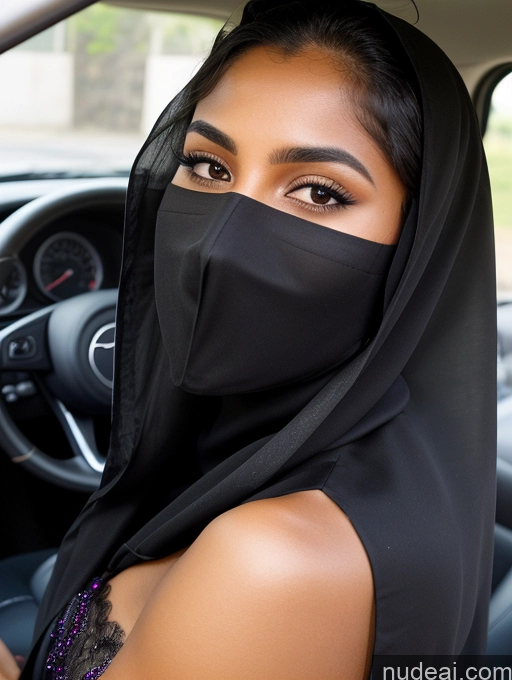 ai nude image of arafed woman in a black veil sitting in a car pics of Short Tanned Skin 18 Serious Black Hair Long Hair Skin Detail (beta) Car Niqab Sari Detailed Middle Eastern Miss Universe Model Beautiful