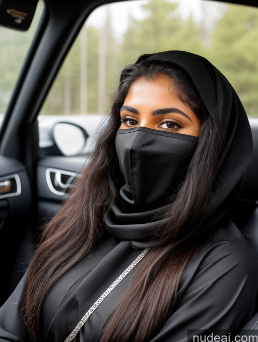 ai nude image of woman wearing a black scarf and a black hood sitting in a car pics of Short Tanned Skin 18 Serious Black Hair Long Hair Skin Detail (beta) Car Niqab Sari Detailed Middle Eastern Miss Universe Model Beautiful