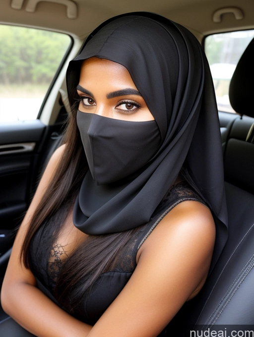 ai nude image of woman wearing a black hijab sitting in a car pics of Short Tanned Skin 18 Serious Black Hair Long Hair Skin Detail (beta) Car Niqab Sari Detailed Middle Eastern Miss Universe Model Beautiful