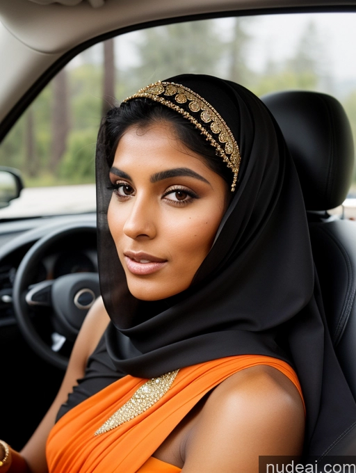 ai nude image of woman in a car wearing a black and orange outfit pics of Short Tanned Skin 18 Serious Black Hair Long Hair Skin Detail (beta) Car Niqab Sari Detailed Middle Eastern Miss Universe Model Beautiful