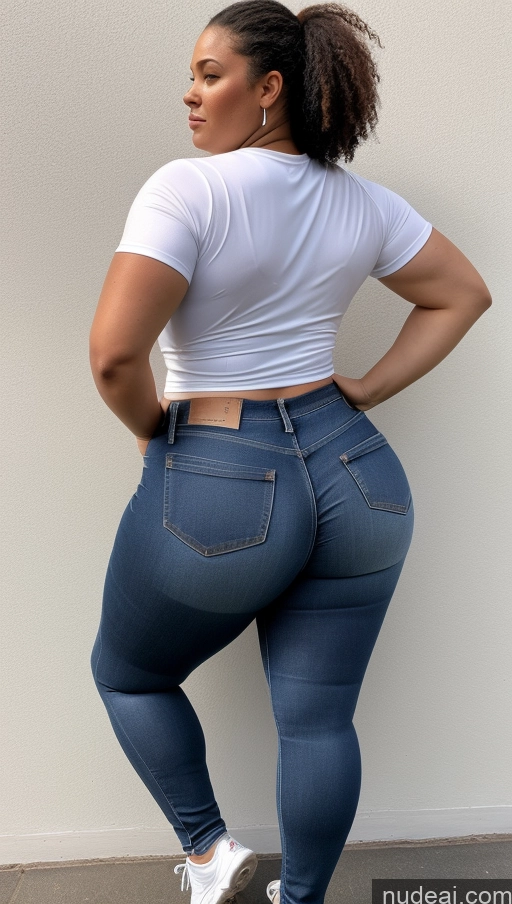 ai nude image of araffe woman in white shirt and blue jeans leaning against a wall pics of Athlete Big Ass Big Hips Jeans