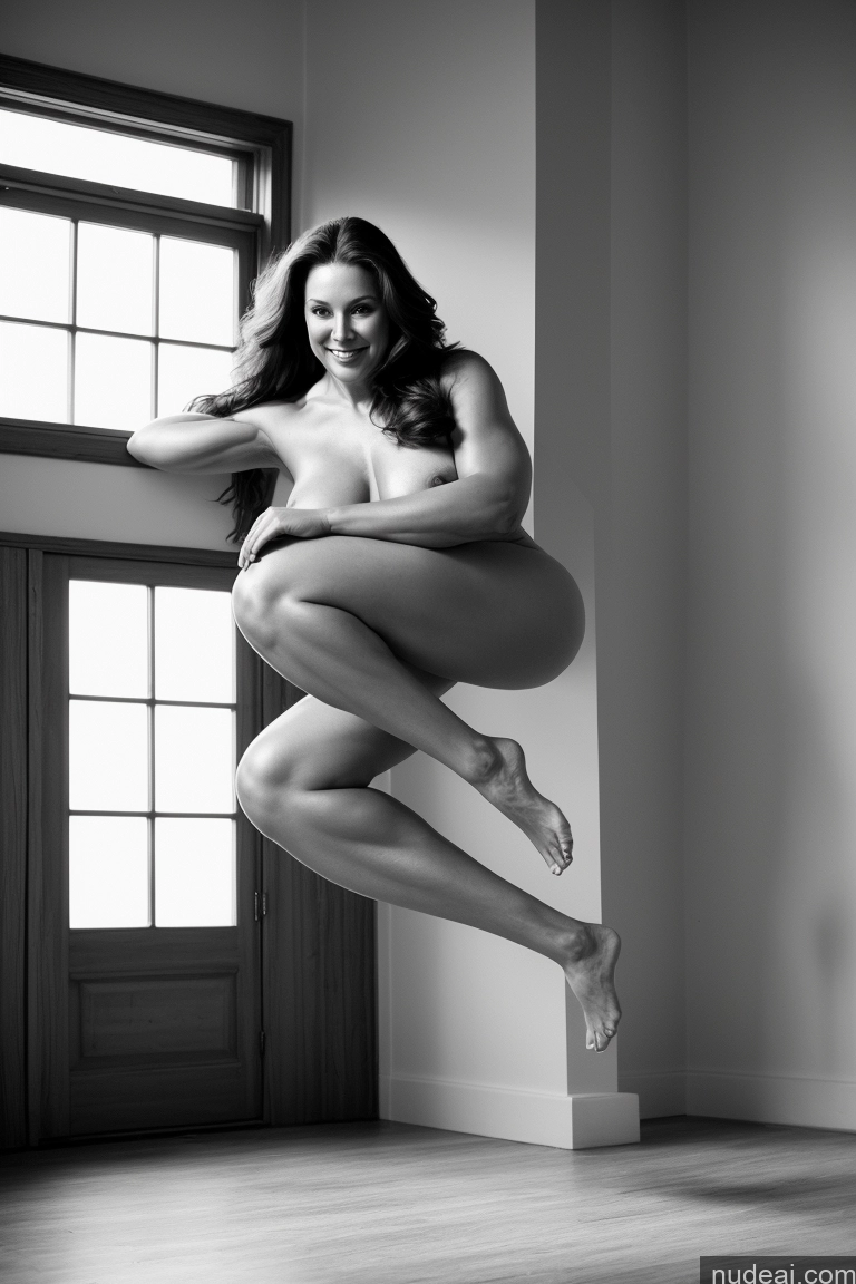 ai nude image of arafed woman in a room with a window and a window sill pics of Woman Muscular Big Ass Thick Big Hips Long Legs Tall Perfect Body Brunette Russian Bright Lighting Black And White Pubic Hair Fat Long Hair 60s Happy Serious Sexy Face