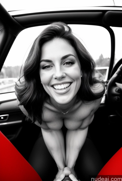 ai nude image of arafed woman sitting in a car with her hands on the seat pics of Woman Big Ass Big Hips Long Legs Tall Brunette Russian Bright Lighting Black And White Pubic Hair Long Hair Muscular 50s Perfect Body Thick Fat Happy Serious Sexy Face Car Blowjob