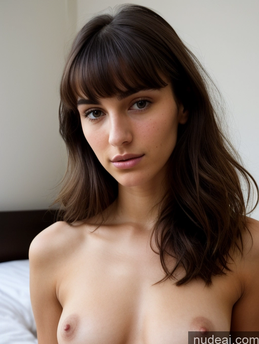 ai nude image of arafed woman with a very big breast sitting on a bed pics of Model Skinny Small Tits Beautiful 18 Serious Brunette Bangs Jewish Bedroom Nude Bright Lighting Close-up View